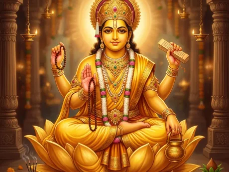 देवगुरु भगवान श्री बृहस्पति देव कमल पर आसीन, पीताम्बर धारी एवं आशीर्वाद मुद्रा में, दिव्य पावन चित्र