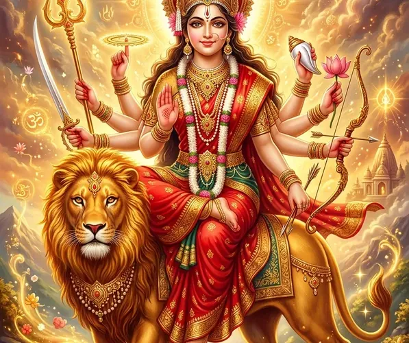 सिंहवाहिनी माँ दुर्गा अष्टभुजा रूप में, पावन भक्ति चित्र