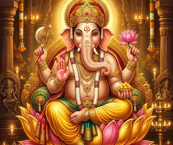 भगवान श्री गणेश जी मोदक और आशीर्वाद मुद्रा में, दिव्य मंगलकारी चित्र
