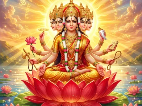 पंचमुखी वेदमाता माँ गायत्री कमल पर विराजमान, दिव्य पावन चित्र