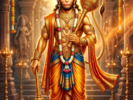 श्री हनुमान जी गदा और आशीर्वाद मुद्रा में, दिव्य भक्ति चित्र