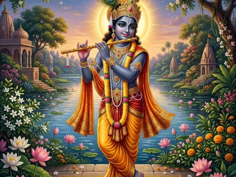 भगवान श्री कृष्ण मोरपंख मुकुट और बांसुरी के साथ, दिव्य भक्ति चित्र