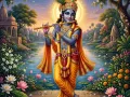 भगवान श्री कृष्ण मोरपंख मुकुट और बांसुरी के साथ, दिव्य भक्ति चित्र