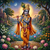 भगवान श्री कृष्ण मोरपंख मुकुट और बांसुरी के साथ, दिव्य भक्ति चित्र