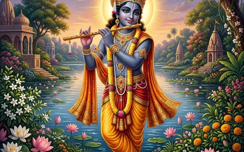 भगवान श्री कृष्ण मोरपंख मुकुट और बांसुरी के साथ, दिव्य भक्ति चित्र