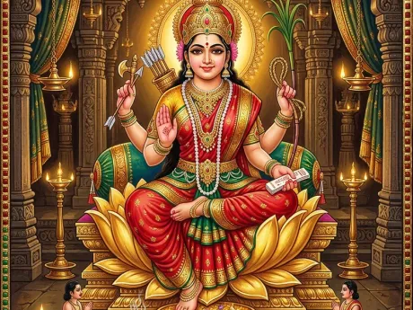 माँ ललिता त्रिपुर सुंदरी कमल पर आसीन, चतुर्भुजा दिव्य स्वरूप में पावन चित्र
