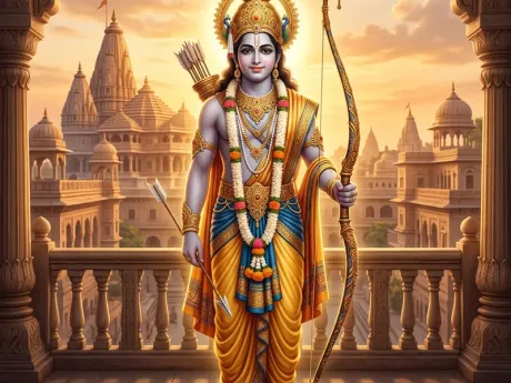 मर्यादा पुरुषोत्तम भगवान श्री राम कोदंड धनुष-बाण के साथ, अयोध्या का दिव्य चित्र