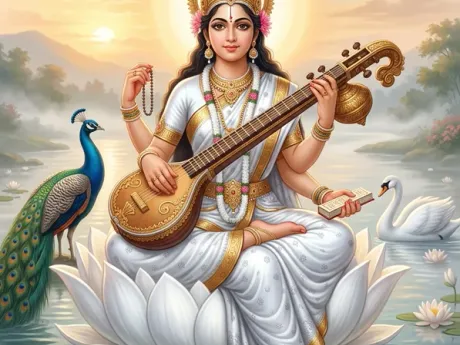 श्वेत कमल पर वीणा वादिनी माता सरस्वती, ज्ञान एवं कला की देवी का पावन चित्र