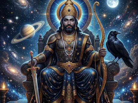 न्याय के देवता भगवान शनिदेव अपने वाहन काक (कौआ) के साथ, दिव्य चित्र