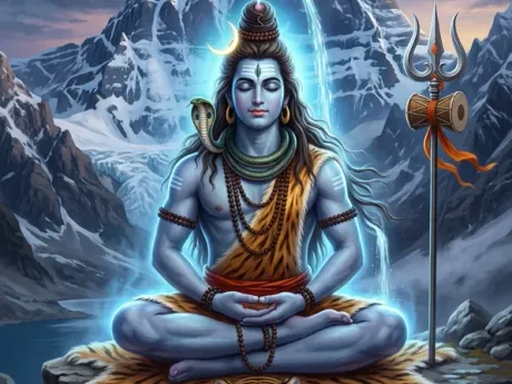 भगवान शिव ध्यान मुद्रा में त्रिशूल और डमरू के साथ, दिव्य कैलाश पर्वत चित्र