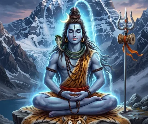 भगवान शिव ध्यान मुद्रा में त्रिशूल और डमरू के साथ, दिव्य कैलाश पर्वत चित्र