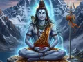 भगवान शिव ध्यान मुद्रा में त्रिशूल और डमरू के साथ, दिव्य कैलाश पर्वत चित्र